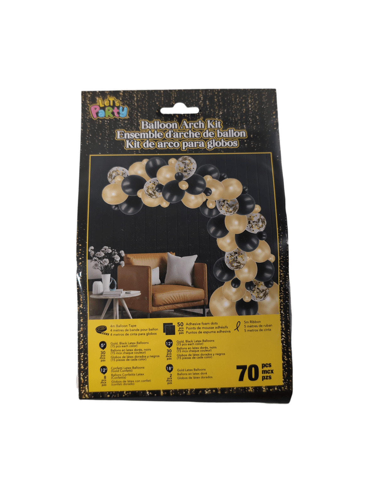 Balloon Archway Kit 70pcs - Black, Gold, and Confetti Gold