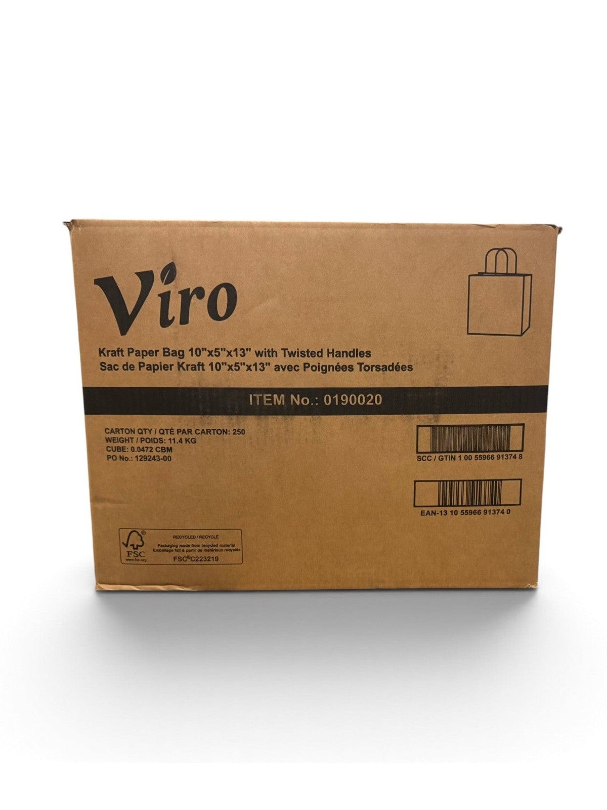 Paper Take-Out Bag with handle 10 x 5 x 13” - 250/ctn