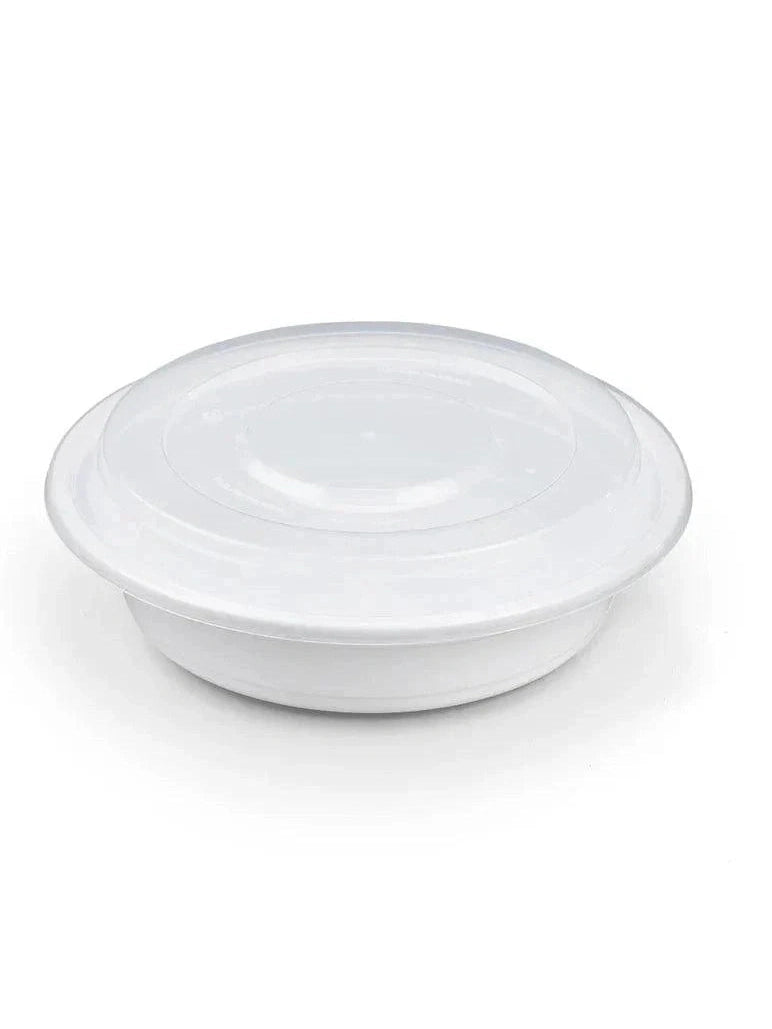 White Microwave container 6” Round with clear lid - 16oz. 150/ct