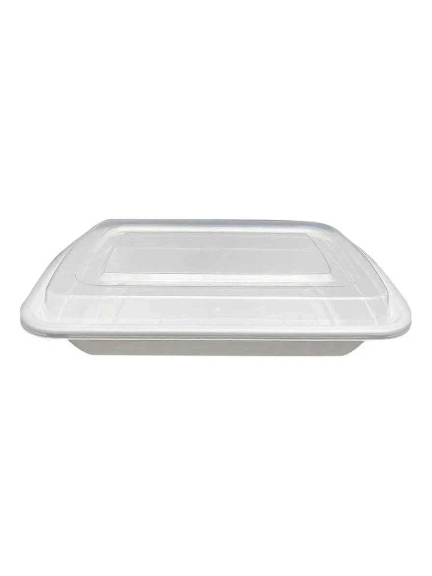 White Microwave container 8x6” with clear lid - 28oz. 150/ct